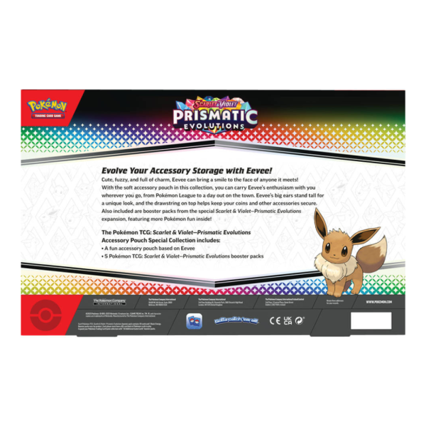Achterzijde van Pokémon TCG Prismatic Evolutions Special Collection verpakking met productinformatie