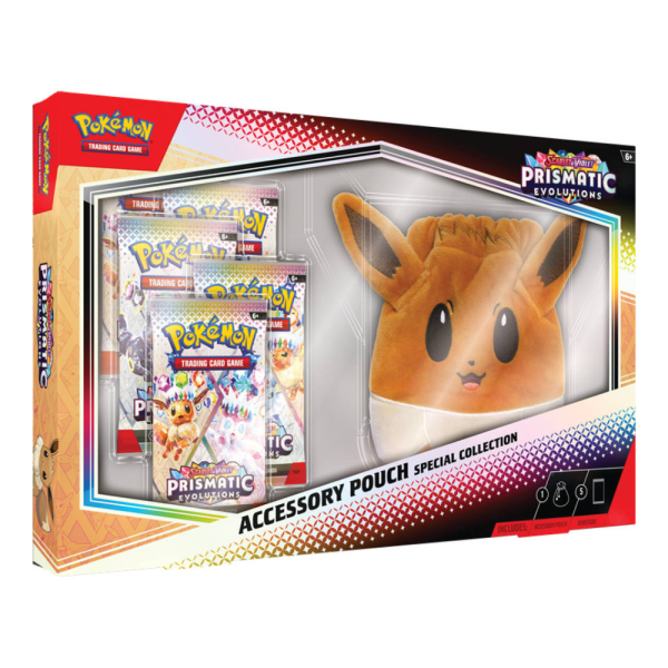 Pokémon TCG Prismatic Evolutions Special Collection verpakking met Eevee pouch en booster packs